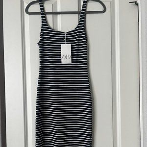 ZARA Navy and White Stripe Bodycon Midi Dress XS